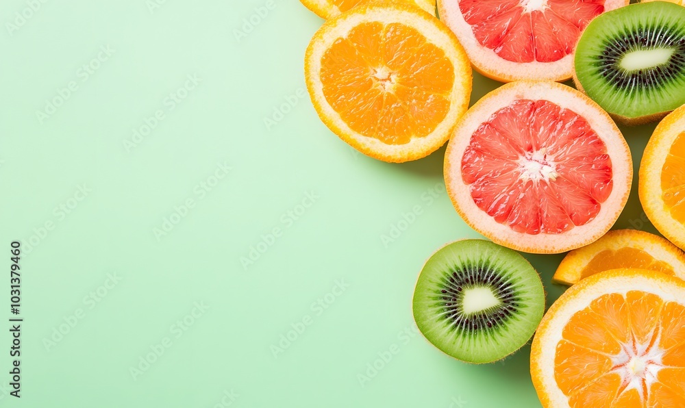 Top view Sliced vibrant fresh fruits kiwi orange grapefruit and mandarin on a vivid color background, Generative AI Top view Sliced vibrant fresh fruits kiwi orange grapefruit and mandarin on a vivid color background, Generative AI