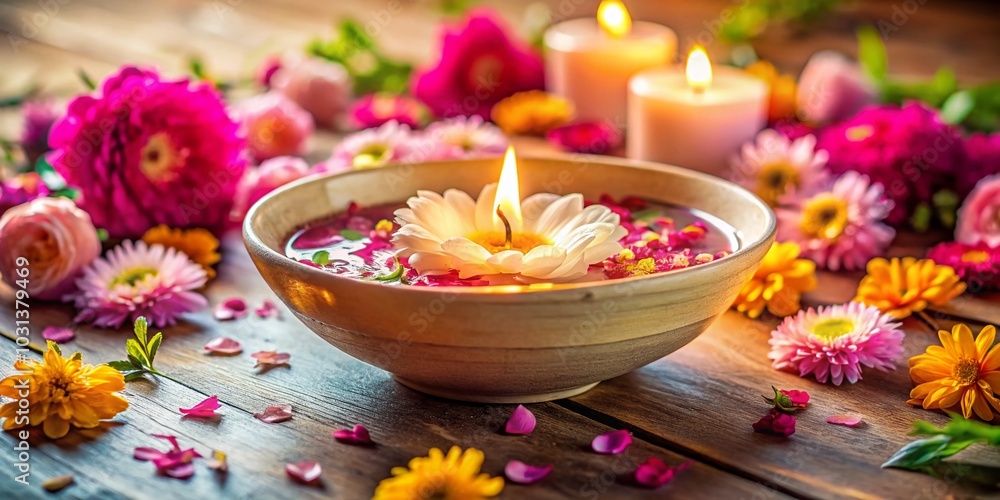 Elegant Candle and Floral Decor in a Bowl - A Captivating Still Life Photography Scene Elegant Candle and Floral Decor in a Bowl - A Captivating Still Life Photography Scene