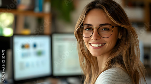 A smiling woman with glasse...