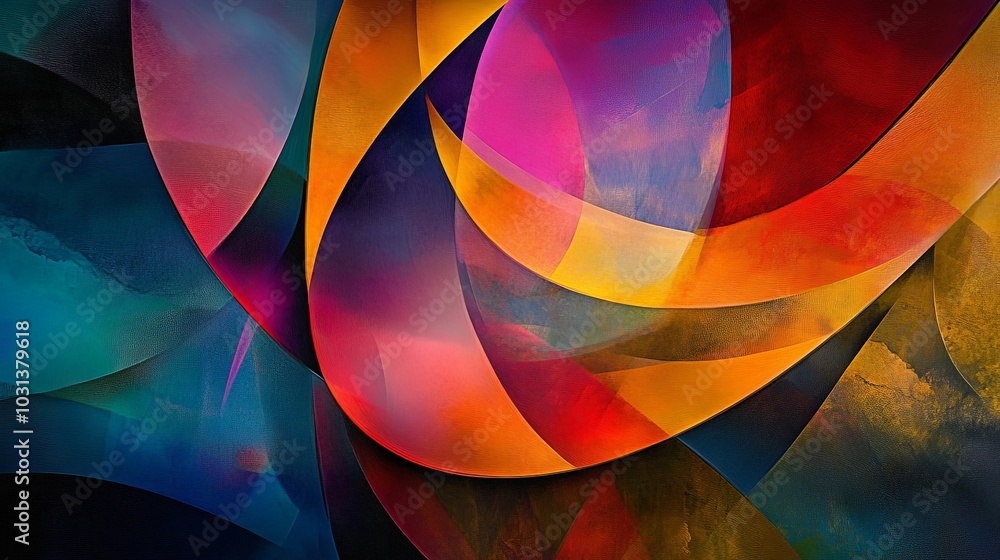 A vibrant composition of abstract shapes and colors, harmoniously arranged to create depth and movement, set against a gradient background. A vibrant composition of abstract shapes and colors, harmoniously arranged to create depth and movement, set against a gradient background.