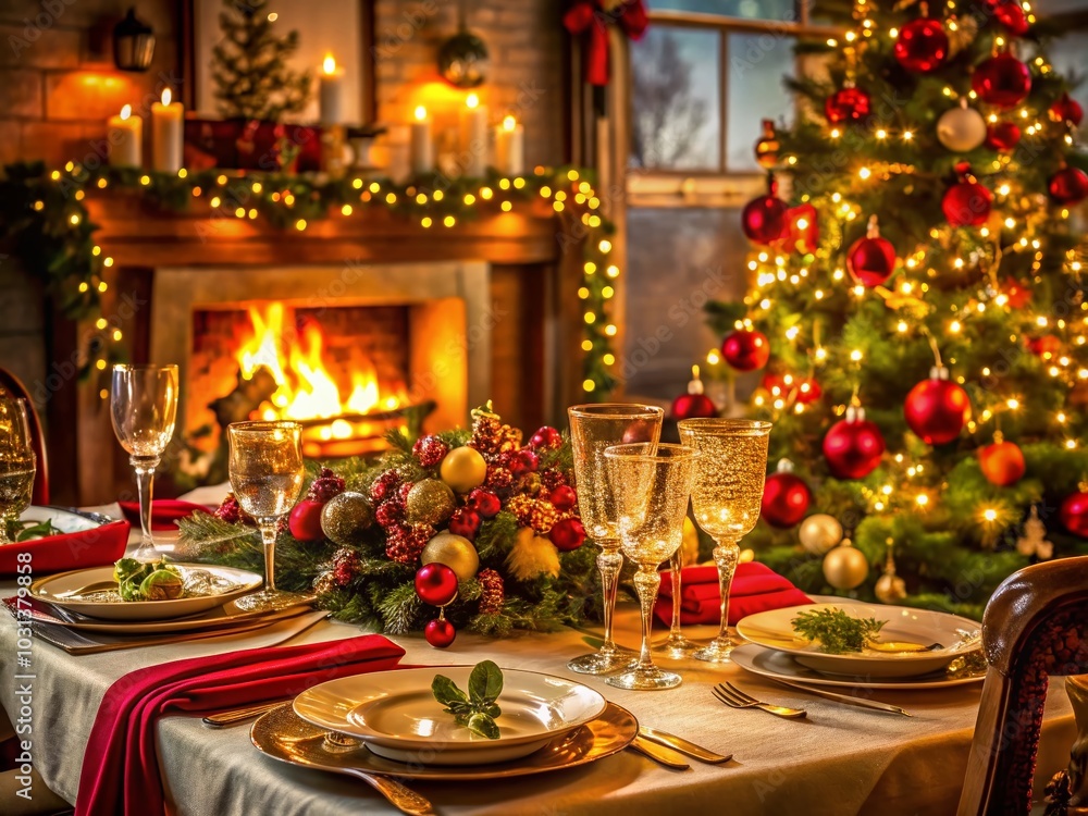 Elegant Christmas Dinner Table in Cozy Living Room with Fireplace and Decorations Elegant Christmas Dinner Table in Cozy Living Room with Fireplace and Decorations