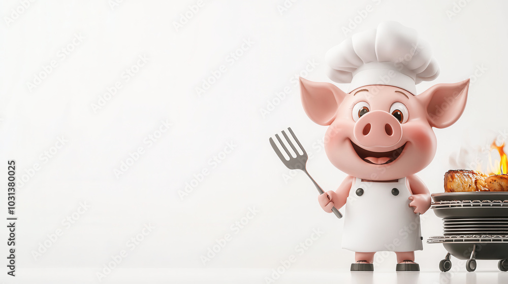 Cute cartoon style pig chef holding spatula, smiling joyfully while standing next to grill with flames. This playful character embodies fun cooking atmosphere Cute cartoon style pig chef holding spatula, smiling joyfully while standing next to grill with flames. This playful character embodies fun cooking atmosphere
