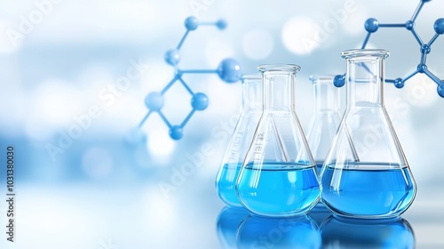 Blue liquid in laboratory flasks, showcasing a scientific environment with molecular structures in the background, ideal for research themes.