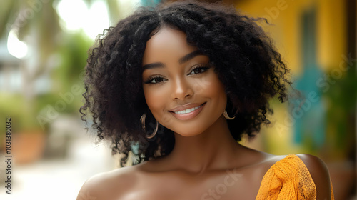 A smiling woman with curly ...