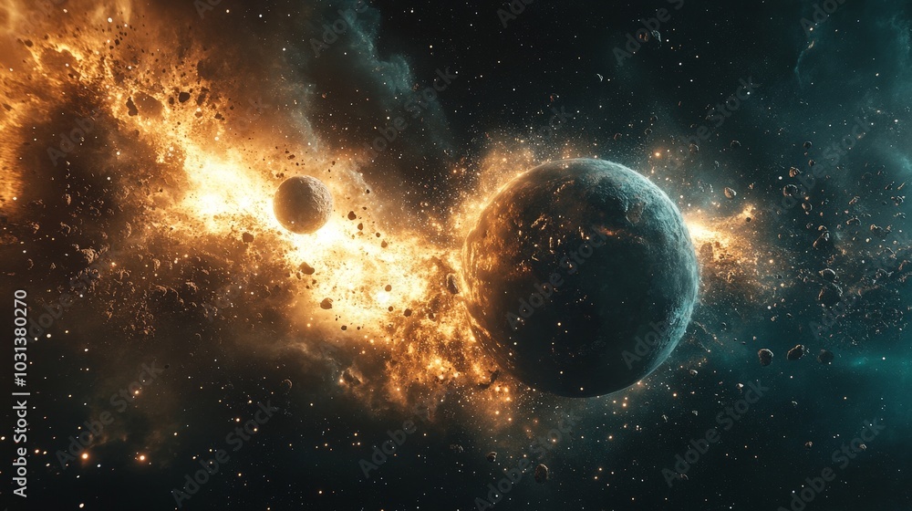 Obraz premium Two planets colliding in space, with a massive explosion and energy waves spreading outward from the impact, symbolizing cosmic destruction.