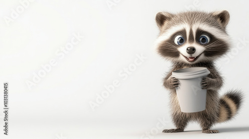 Cute cartoon style raccoon holding white cup, displaying joyful expression. This adorable character is perfect for childrens themes or playful designs