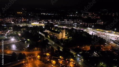 Panoramic drone shot circling the Turku castle, nighttime in Abo, Proper Finland photo