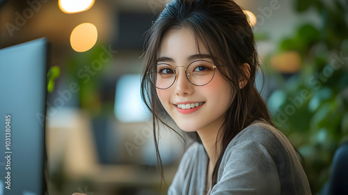 Young woman smiling at a co...