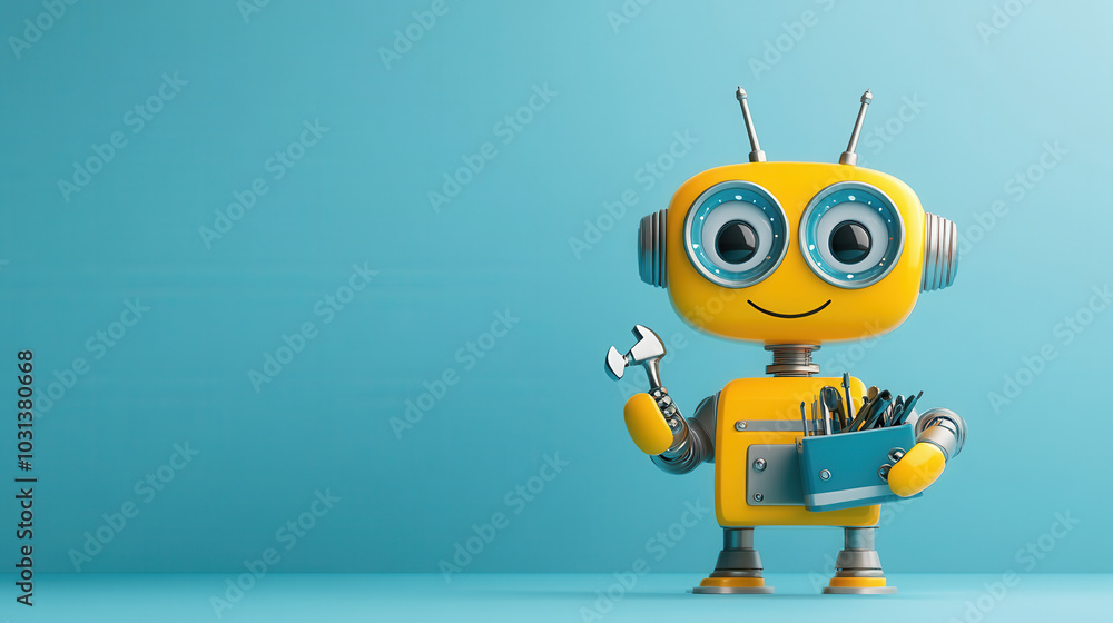 cheerful cartoon style robot holds toolbox filled with various tools, ready for action. Its bright yellow color and friendly expression evoke sense of creativity and fun cheerful cartoon style robot holds toolbox filled with various tools, ready for action. Its bright yellow color and friendly expression evoke sense of creativity and fun