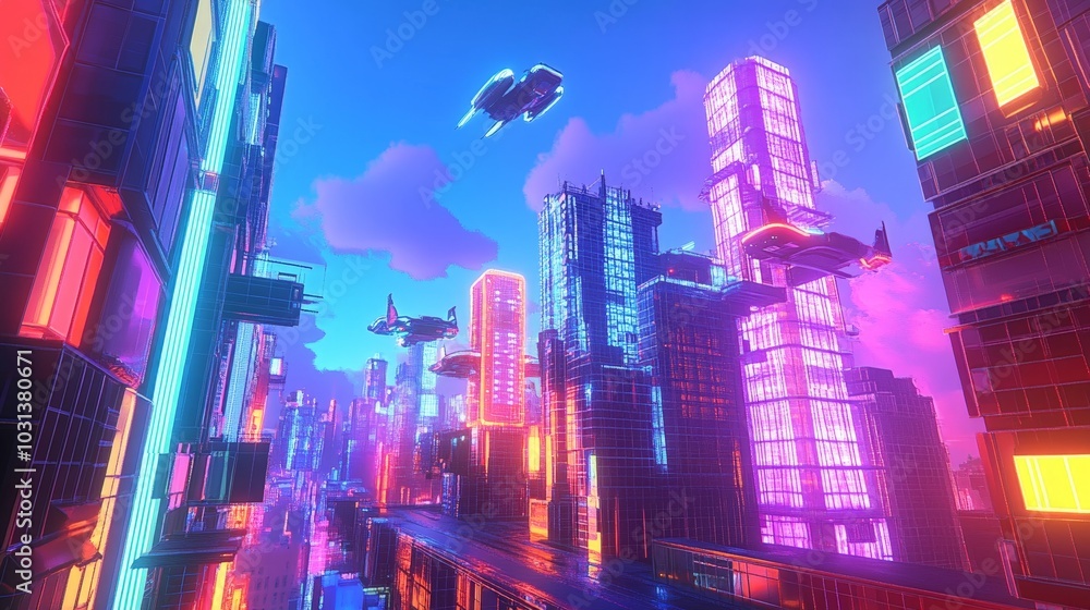 A 3D futuristic city with towering skyscrapers, flying cars, and neon lights reflecting off glass buildings, creating a cyberpunk atmosphere. A 3D futuristic city with towering skyscrapers, flying cars, and neon lights reflecting off glass buildings, creating a cyberpunk atmosphere.