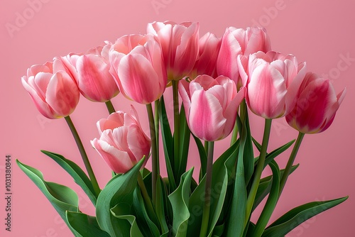 A vase filled with pink tulips against a pink background