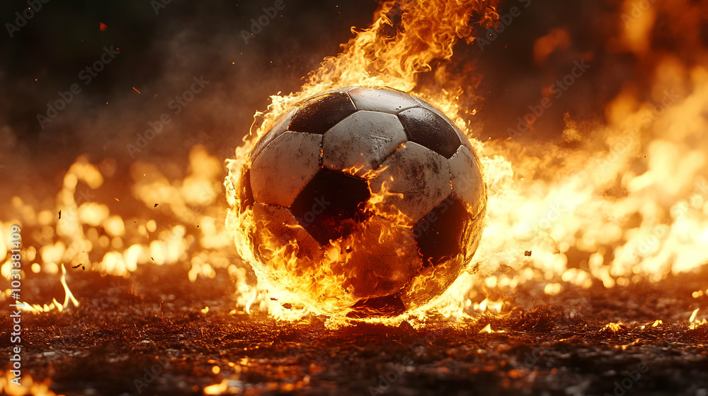 Fototapeta premium A soccer ball engulfed in flames on a dark background.