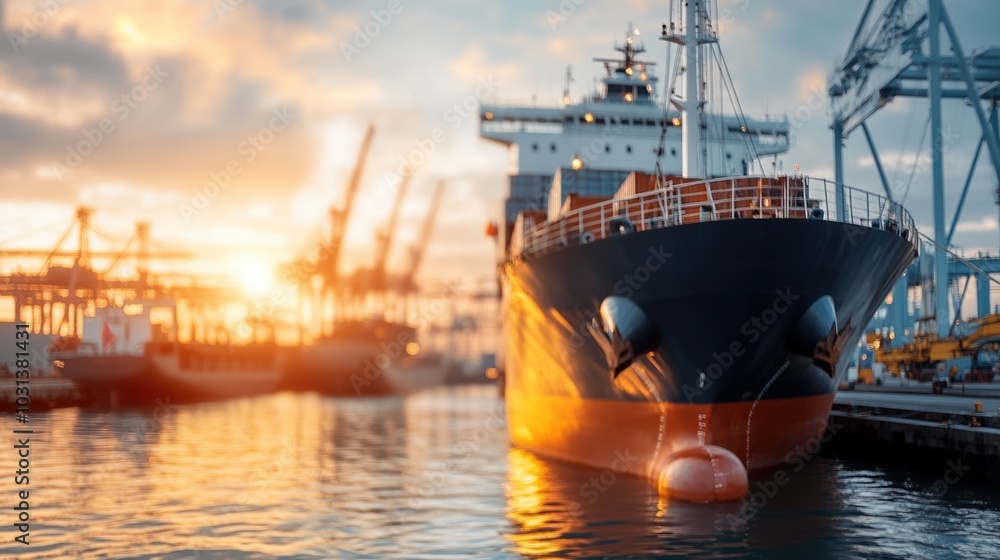 Cargo ship docked at harbor during sunset, vibrant colors reflecting on water.