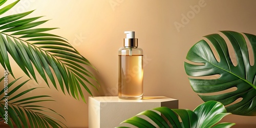 Elegant Empty Bottle Mockup on White Podium with Beige Background and Tropical Leaf for Cosmetic Product Display Scene