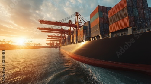 Cargo ship in port, sunset glimmering on water, containers stacked high.