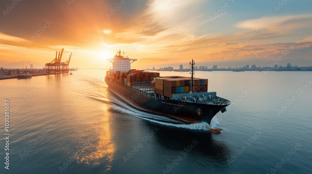 Cargo ship sailing at sunset with containers against a serene water backdrop Cargo ship sailing at sunset with containers against a serene water backdrop