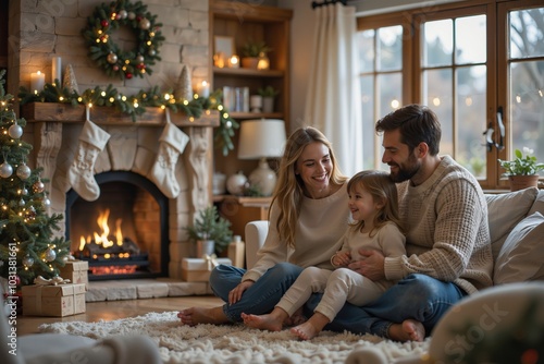 Family Celebrating Christmas by Fireplace and Tree