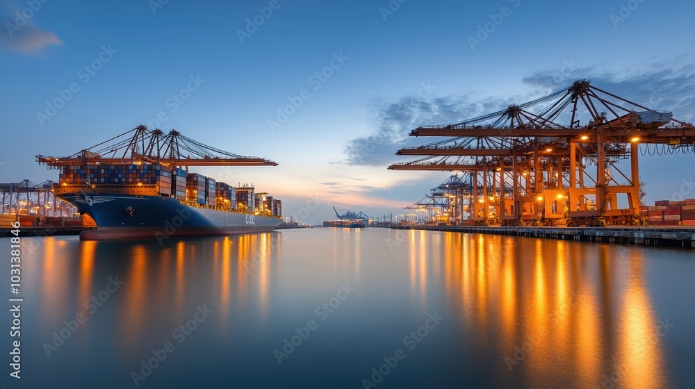 Cargo ships at a busy port during sunset with reflections on the water. Cargo ships at a busy port during sunset with reflections on the water.