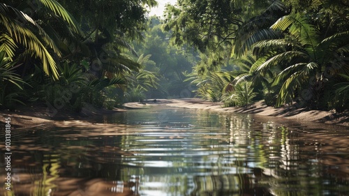 serene river flows through lush tropical landscape, surrounded by vibrant green foliage and palm trees. calm water reflects beauty of nature, creating peaceful atmosphere