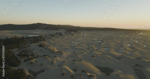 Small pools of water among small sand dunes on beach near Dunes City, Oregon, low flyover. photo