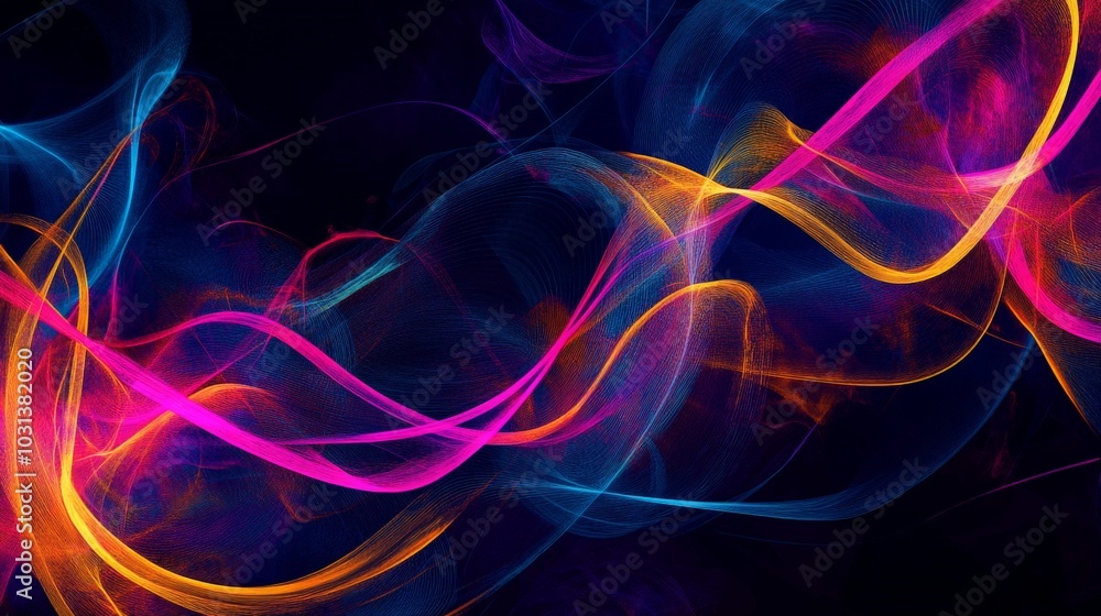 A digital art composition featuring abstract lines and swirls, arranged in a harmonious flow with vibrant neon colors against a dark backdrop. A digital art composition featuring abstract lines and swirls, arranged in a harmonious flow with vibrant neon colors against a dark backdrop.
