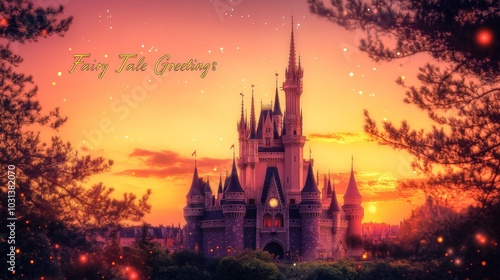 A dreamy postcard with a castle in the distance, set against a pink and orange sunset sky, with the message 