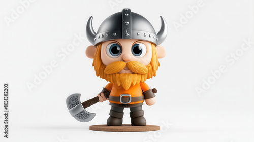 Cute 3D cartoon style Viking character with helmet and axe, showcasing playful design. This character embodies fun and adventurous spirit, perfect for various creative projects photo