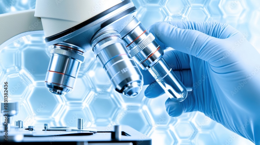 Close-up of a scientist adjusting a microscope, exploring the microscopic world with advanced technology and precision. Close-up of a scientist adjusting a microscope, exploring the microscopic world with advanced technology and precision.