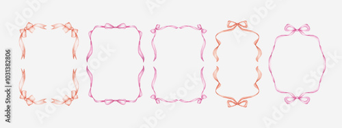 Ribbon Bow frame border set watercolor art style for christmas or valentine banner, invitation, cards.