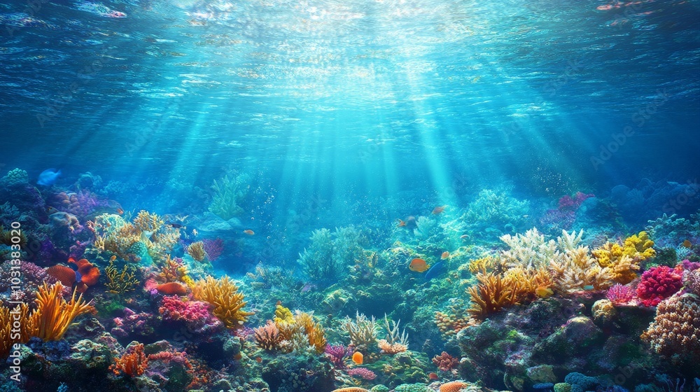 A highly detailed underwater scene featuring a coral reef, with vibrant marine life, detailed coral textures, and light rays penetrating the clear water. A highly detailed underwater scene featuring a coral reef, with vibrant marine life, detailed coral textures, and light rays penetrating the clear water.