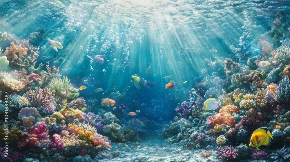 Naklejka premium A highly detailed underwater scene featuring a coral reef, with vibrant marine life, detailed coral textures, and light rays penetrating the clear water.