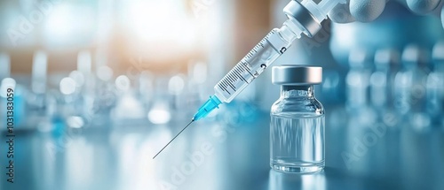 Close-up of a syringe filling from a vaccine vial in a bright lab, symbolizing health and medical advancement.