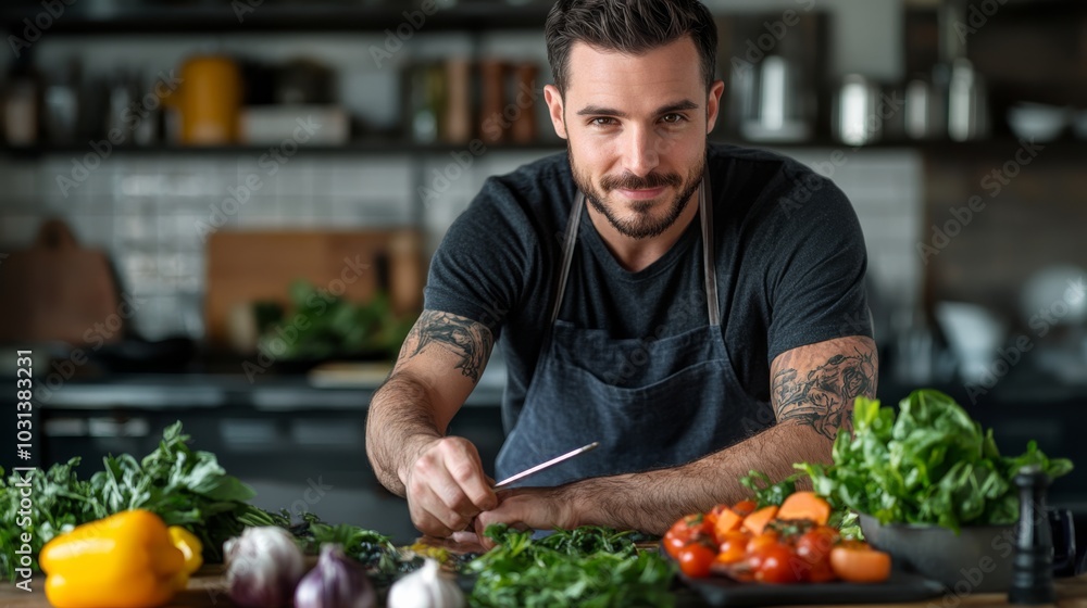 Fototapeta premium A cheerful chef prepares fresh ingredients in a stylish kitchen, showcasing a vibrant array of vegetables on the counter.