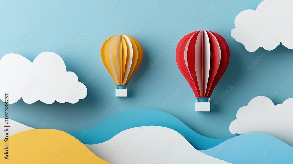 Obraz premium Colorful hot air balloons floating in a blue sky with clouds and hills.