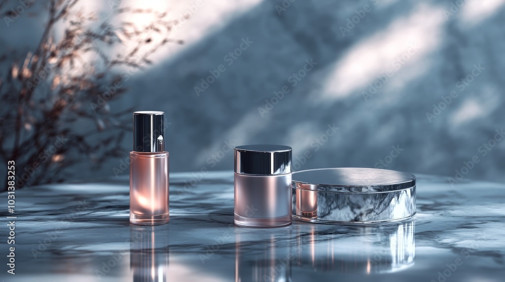A luxurious 3D rendering of skin care products in sleek packaging, placed on a marble surface with light reflections adding to the premium feel. A luxurious 3D rendering of skin care products in sleek packaging, placed on a marble surface with light reflections adding to the premium feel.