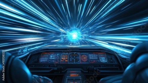 A futuristic vehicle cockpit with a bright light in the distance, traveling at high speed through a digital tunnel.