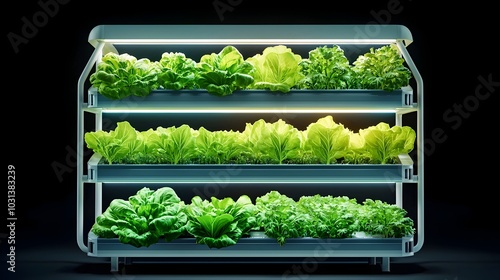 Vertical Organic Farm Inside Futuristic Smart Building with LED Lights Nourishing Stacked Vegetable photo