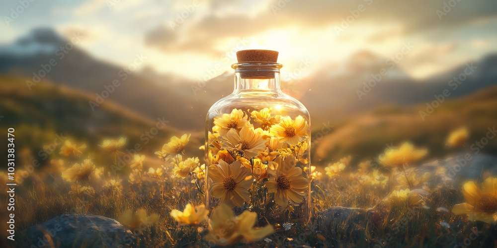 A glass bottle with yellow flowers inside, surrounded by mountains and fields, generative AI A glass bottle with yellow flowers inside, surrounded by mountains and fields, generative AI