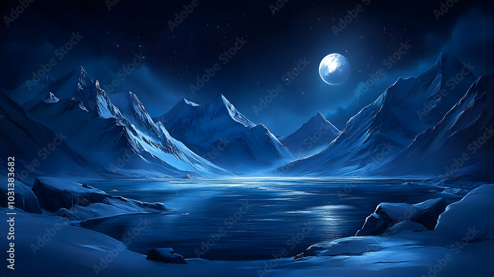 Serene night landscape with mountains, lake, and a full moon. Serene night landscape with mountains, lake, and a full moon.