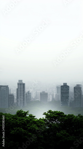 A front view of a city smog gradually lifting, revealing green rooftops, parks, and cleaner streets below