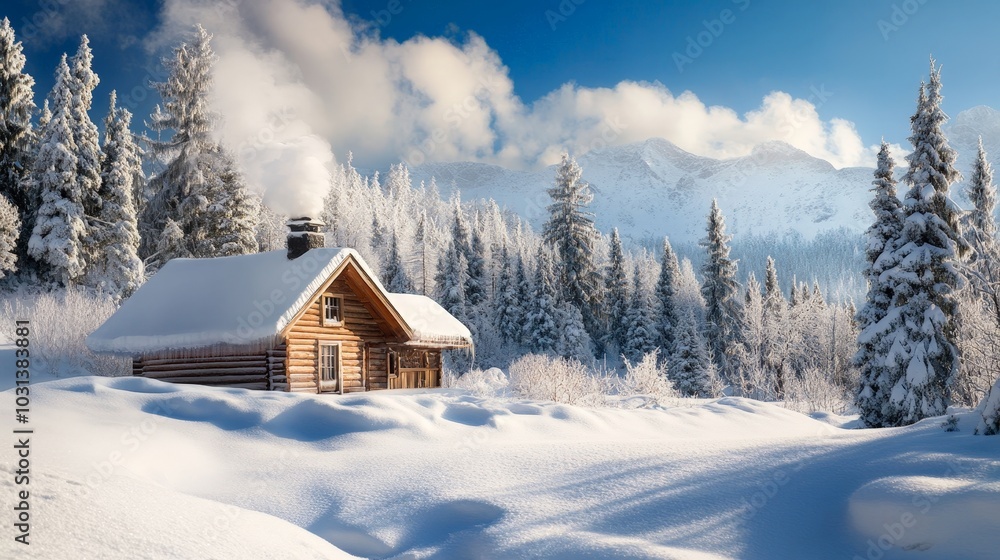 A realistic image of a snow-covered cabin in the mountains, with smoke rising from the chimney and pine trees in the background. A realistic image of a snow-covered cabin in the mountains, with smoke rising from the chimney and pine trees in the background.