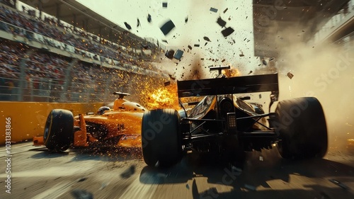 High speed shot of Formula 1 car colliding with another car, creating explosive scene filled with debris and smoke. intensity of moment captures thrill of racing photo