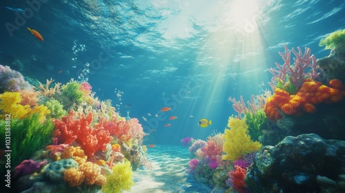 A realistic underwater scene with colorful coral reefs and fish swimming in clear blue water, sunlight casting rays from above. photo