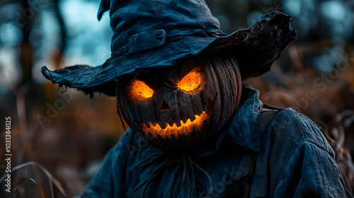A spooky carved pumpkin wit...