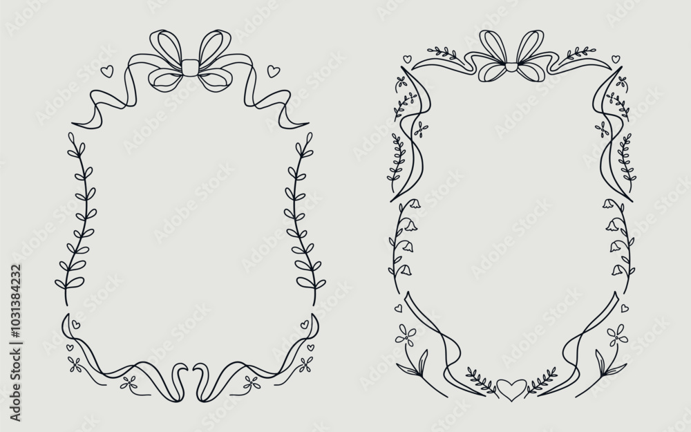 Naklejka premium Floral frame set vintage style with ribbon bow and love element. line art style.