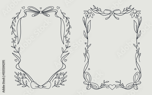 Floral frame border set vintage style with ribbon bow and love element. line art style.