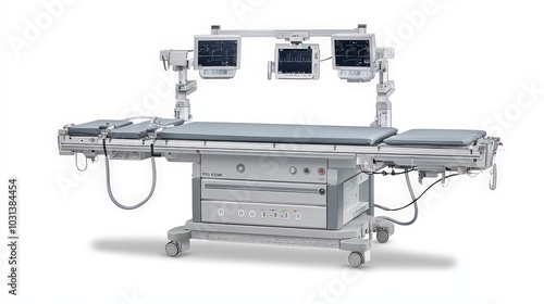 Modern surgical operating table with advanced medical equipment and monitors
