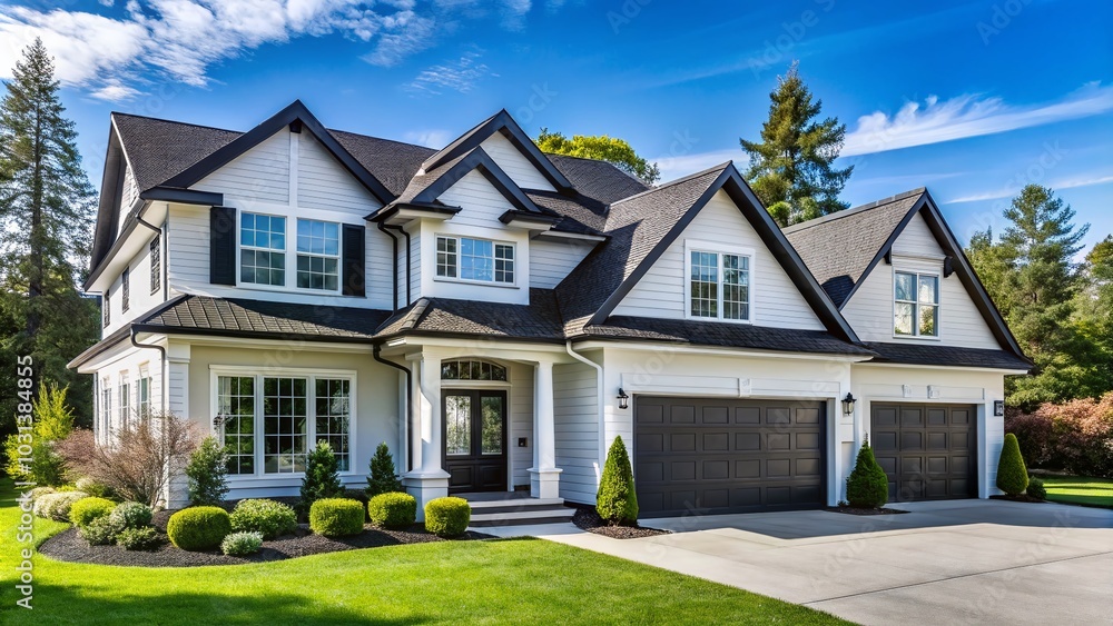 Elegant Large White House with Black Roof and Trim, Perfect for Real Estate Showcase Elegant Large White House with Black Roof and Trim, Perfect for Real Estate Showcase