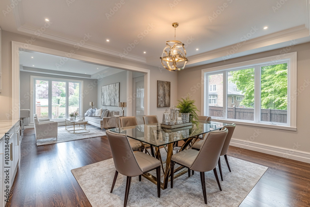 Modern Dining Room with Glass Table and Sleek Chairs Modern Dining Room with Glass Table and Sleek Chairs