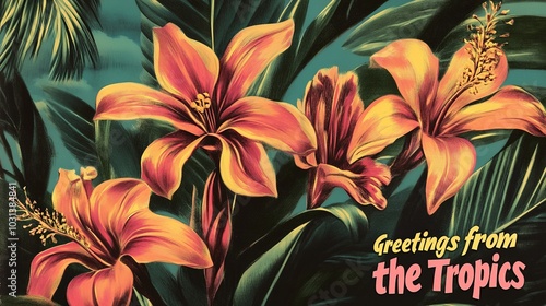 A vibrant postcard with a close-up of exotic tropical flowers in bloom, with a bold 